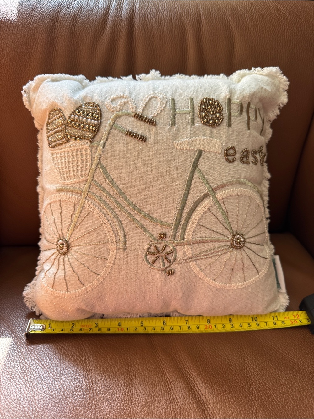 Embroidered Bicycle Decorative Pillow - White/Silver